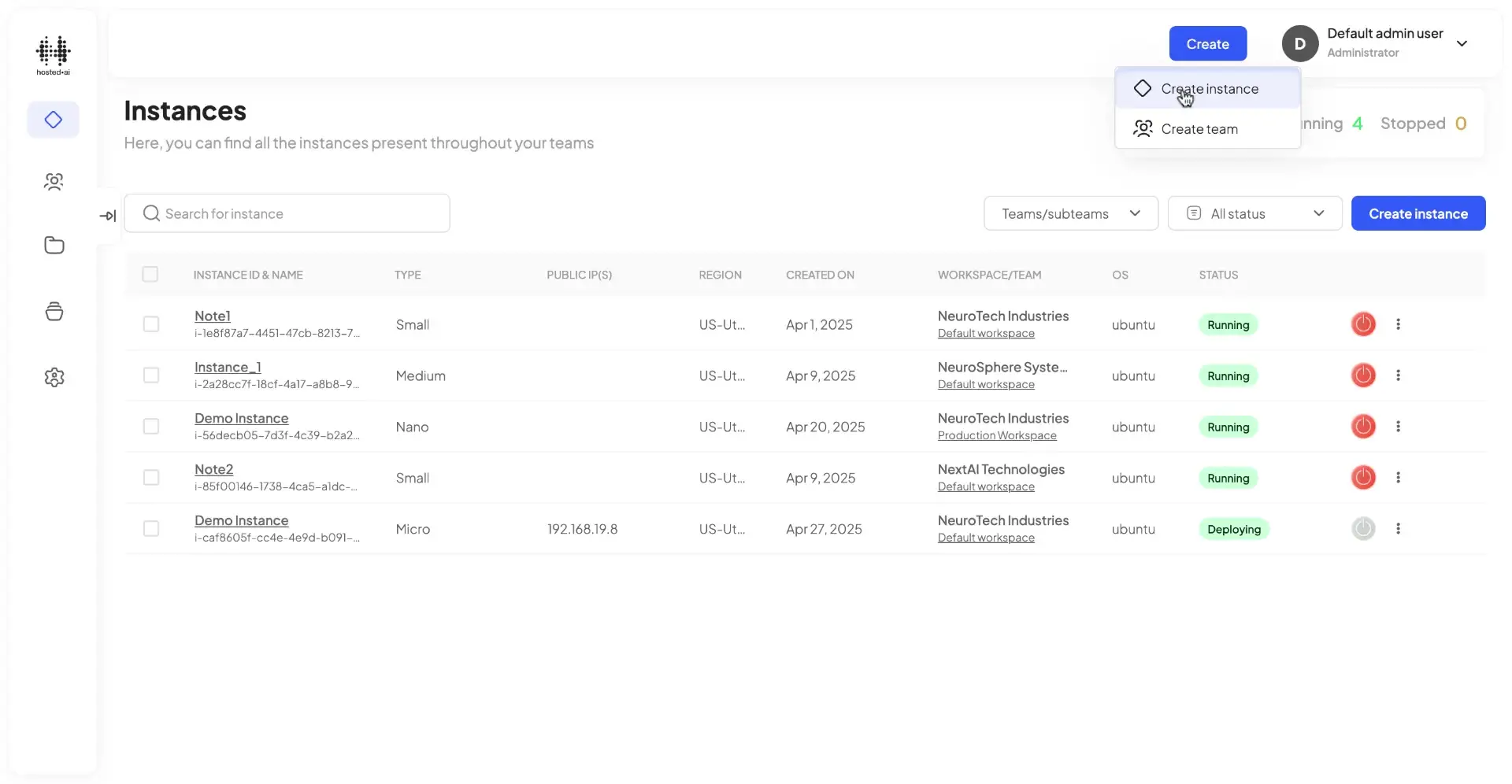 HostedAI User Panel Instances page showing a list of cloud instances with options to create a new instance or team.