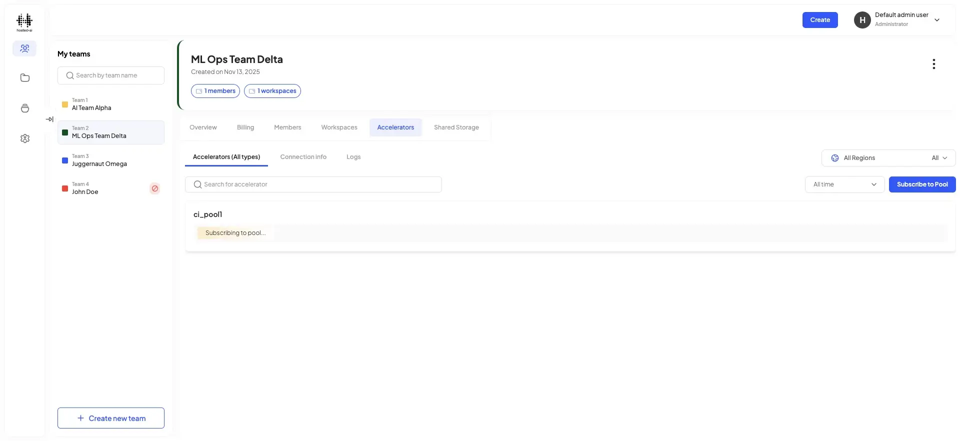 The user is viewing the Accelerators tab within the ML Ops Team Delta team. The system is currently subscribing to the ci_pooll.