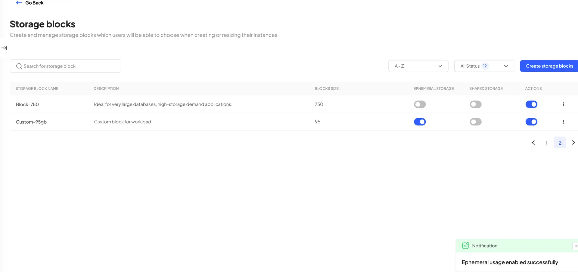 HostedAI Storage blocks management page showing options to create and manage storage blocks with search, sort, and filter functionalities.