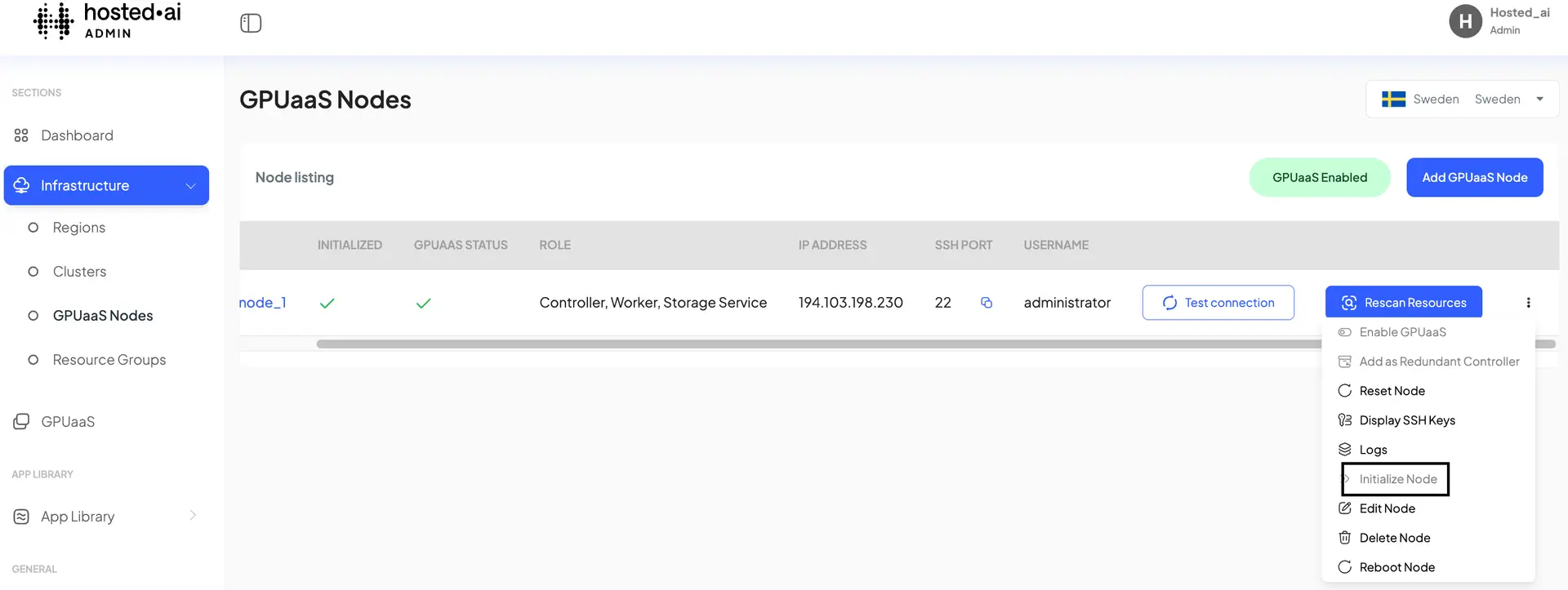 HostedAI Admin Panel - Infrastructure - GPUaaS Nodes