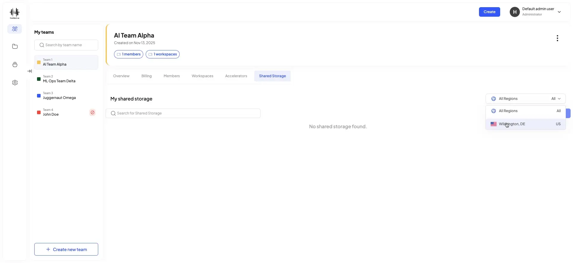 HostedAI platform AI Team Alpha Shared Storage section