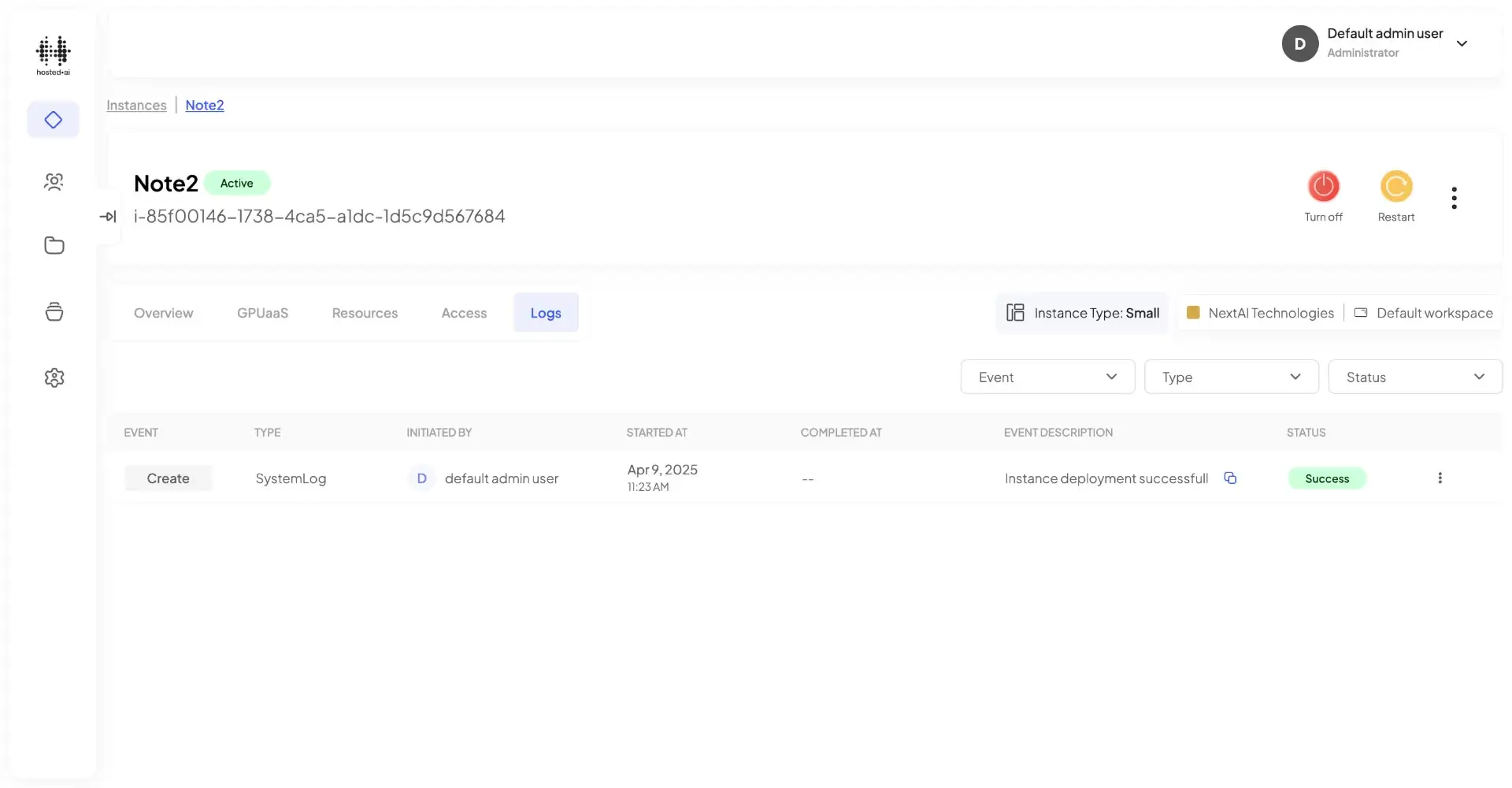 HostedAI Instance Details - Logs for Note2