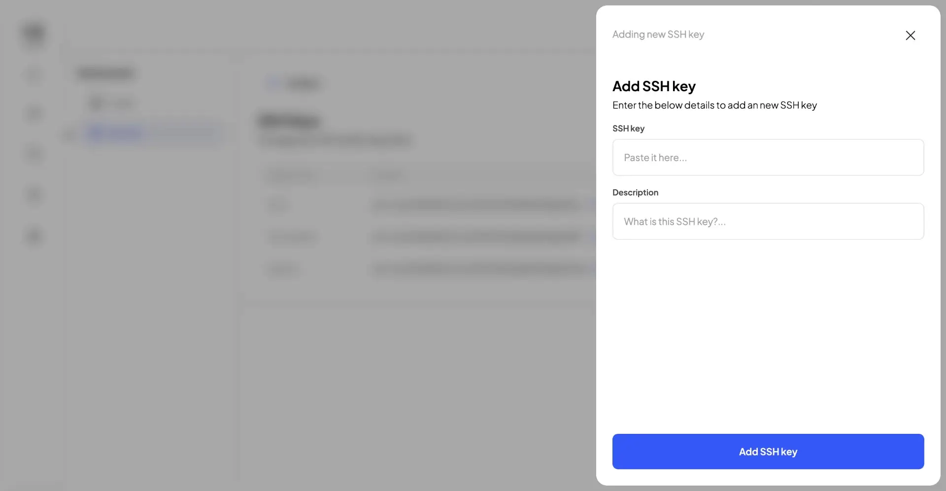 HostedAI User Panel for Adding SSH Key