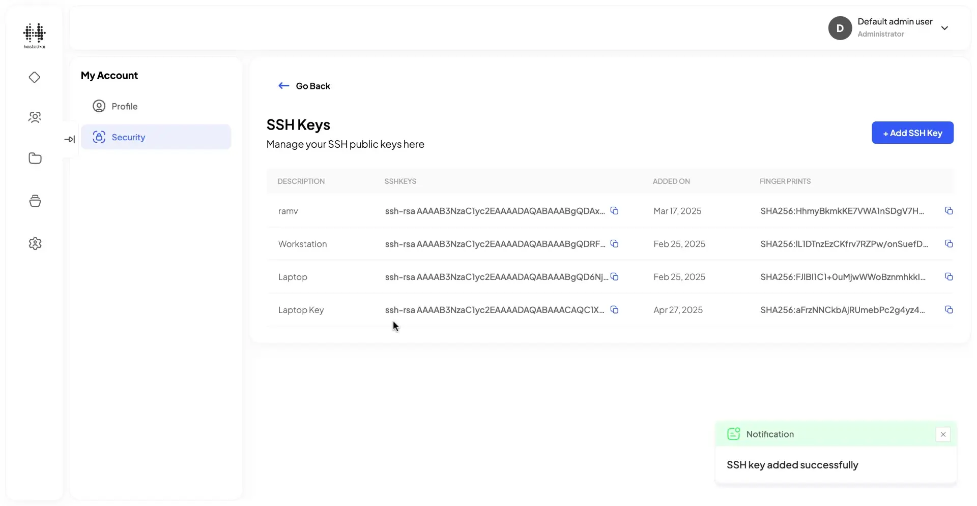 HostedAI User Panel SSH Keys management screen showing a list of SSH keys with options to add new keys and a notification confirming a successful addition.