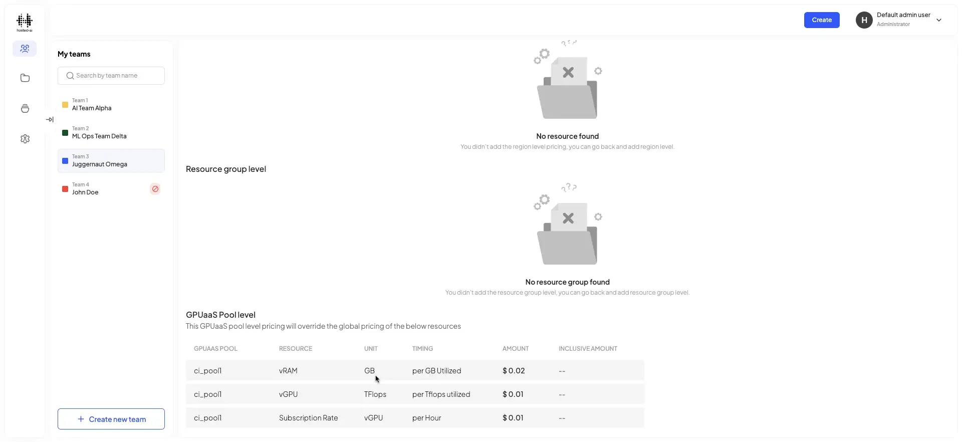 The screenshot displays the HostedAI platform's interface for managing GPU resources, specifically focusing on the GPUaaS Pool level pricing configuration. It shows the pricing details for vRAM, vGPU, and subscription rates.