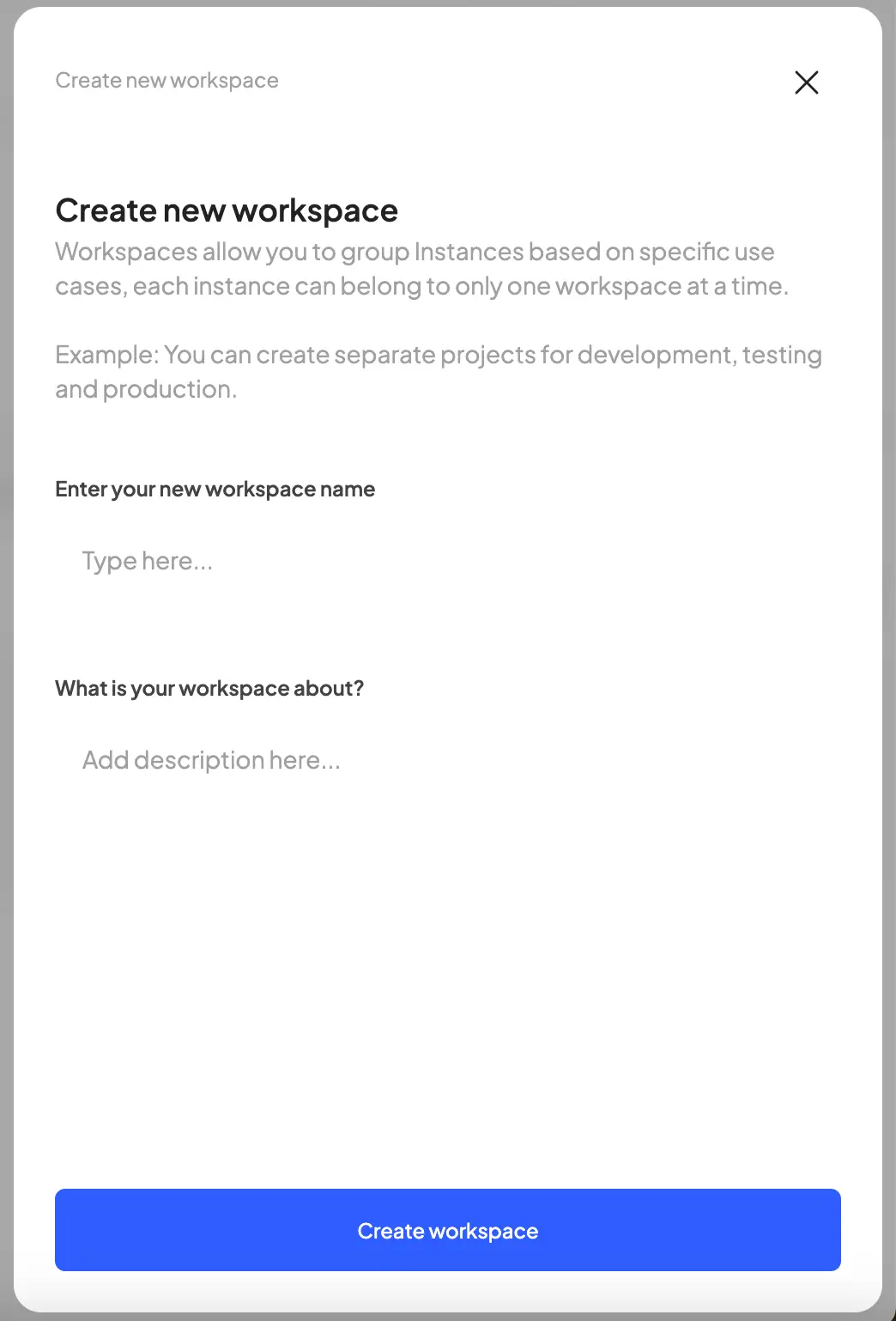 HostedAI Create new workspace screen