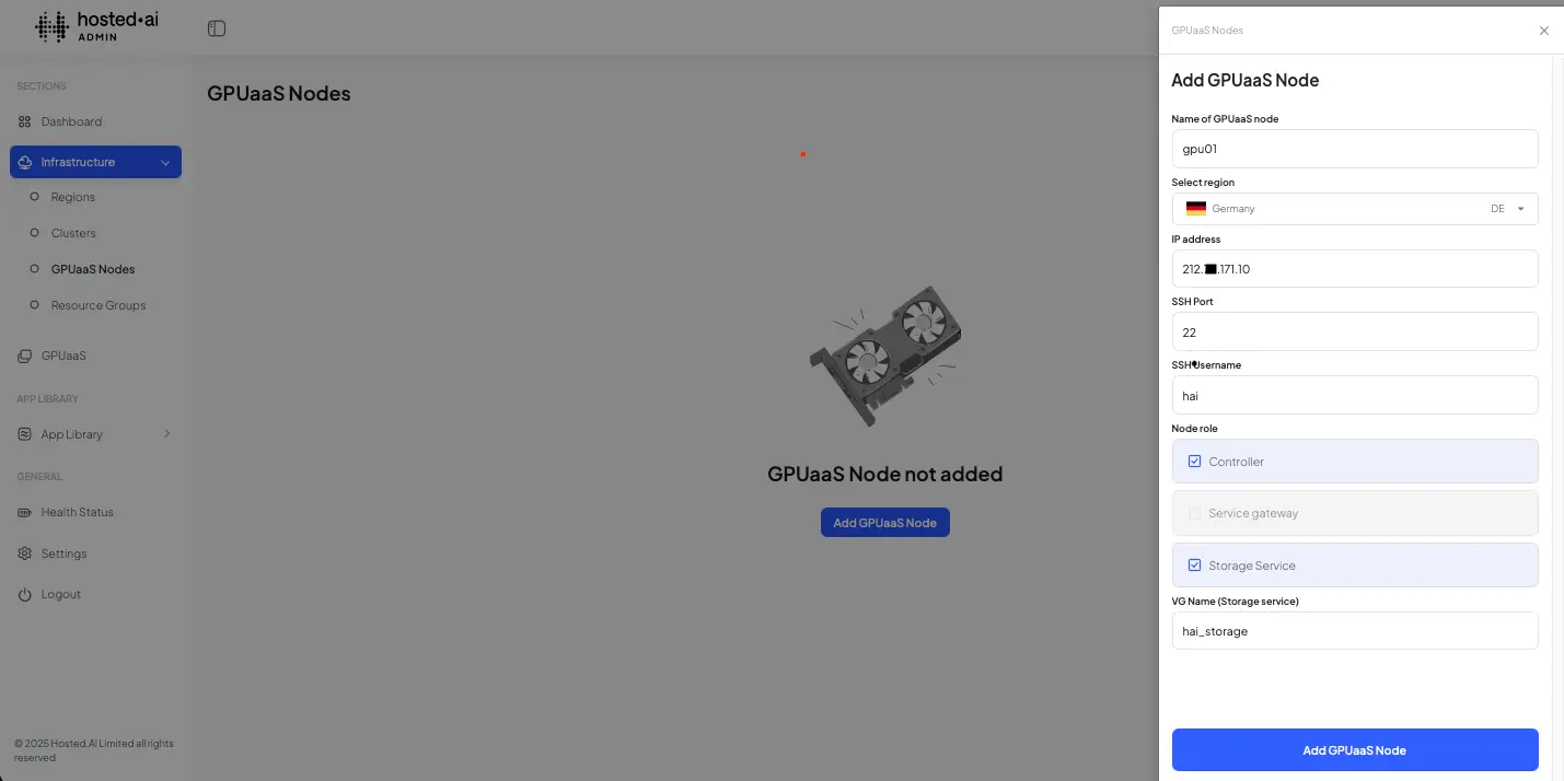 HostedAI Admin Panel - Add GPUaaS Node interface