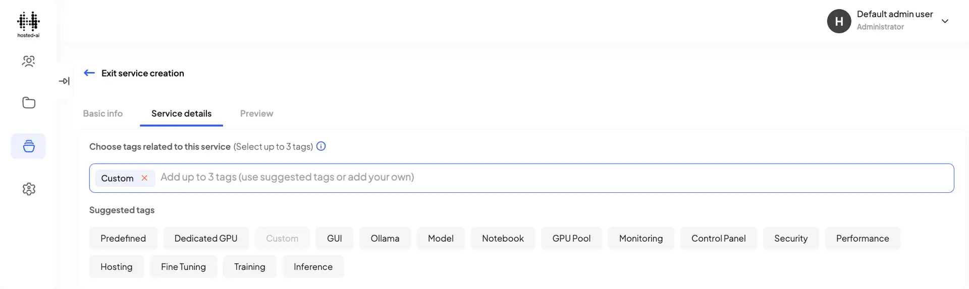 HostedAI Create Service - Service details tab with tag selection options.