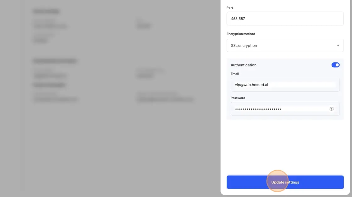 SMTP Settings panel in HostedAI showing port, encryption method, and authentication details.