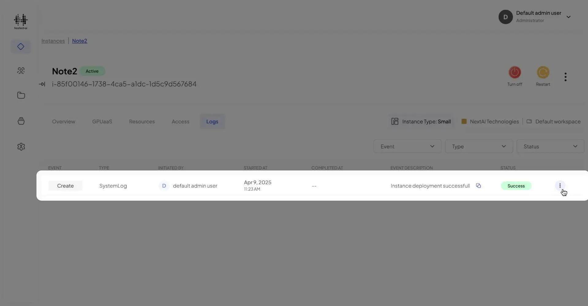 HostedAI Instance Details - Logs page showing active instance Note2 with logs of system events.