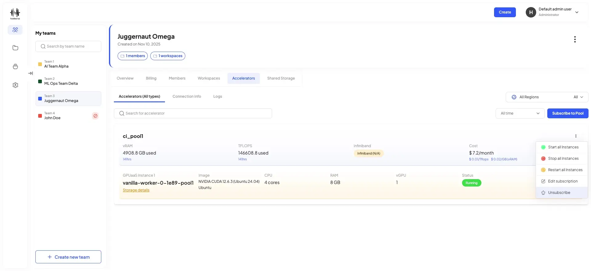 The user is viewing the accelerator details for ci_pooll within the Juggernaut Omega team. The user is about to unsubscribe from the selected pod.
