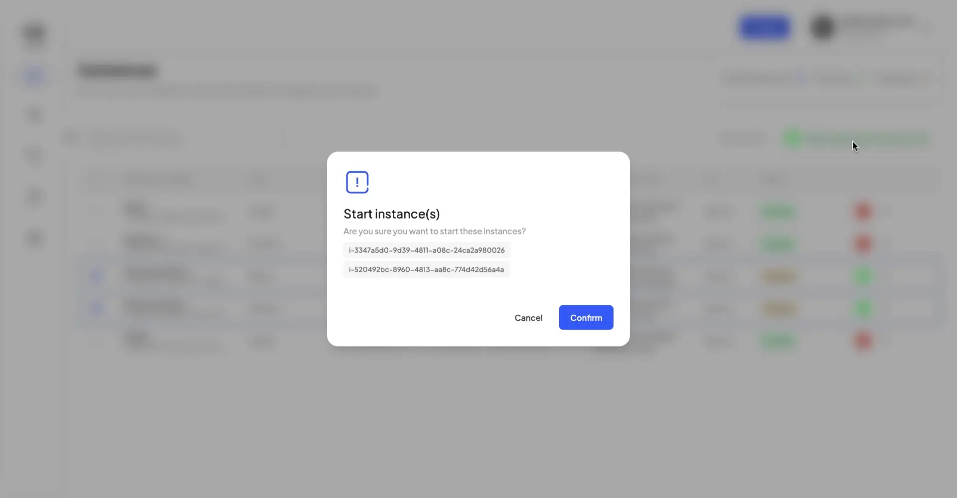 HostedAI User Panel Bulk Actions Start Instances Confirmation Dialog