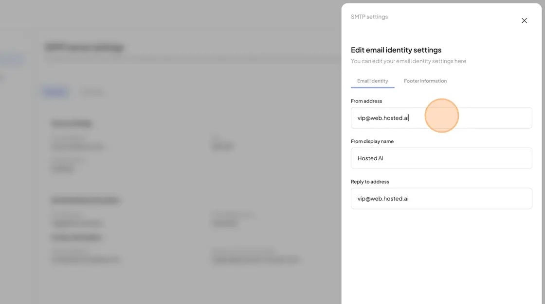 HostedAI SMTP settings page showing email identity settings panel with fields for From address, From display name, and Reply to address.