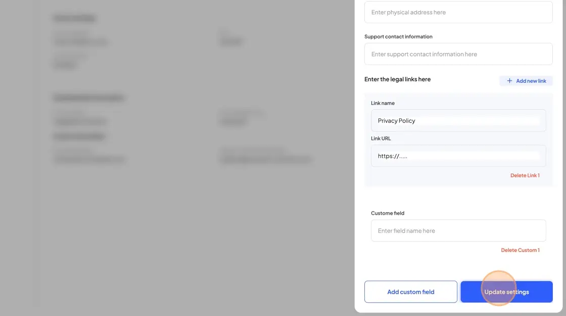 HostedAI Global Configuration User Panel for SMTP Settings with fields for address, support contact, legal links, and custom fields.