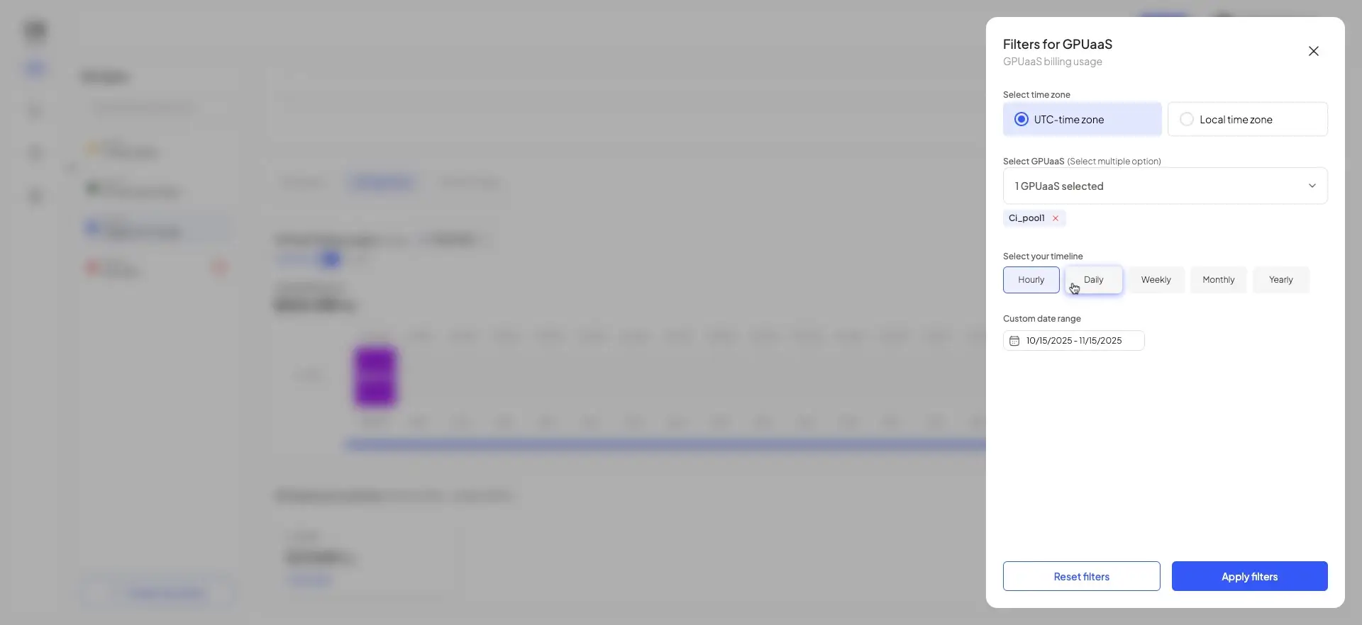 The user is viewing the filters for GPUaaS billing usage. They have selected the UTC time zone, a specific GPUaaS instance, the daily timeline, and a custom date range.