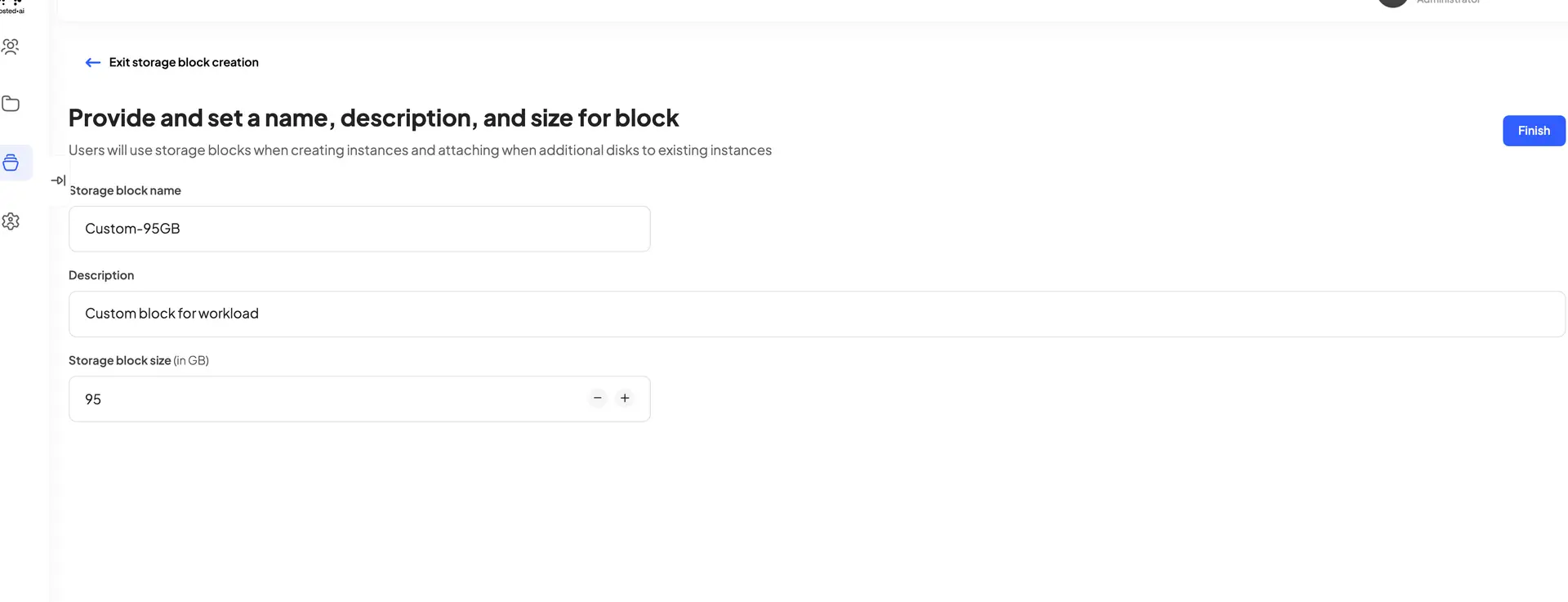 Edit storage block creation page in HostedAI platform