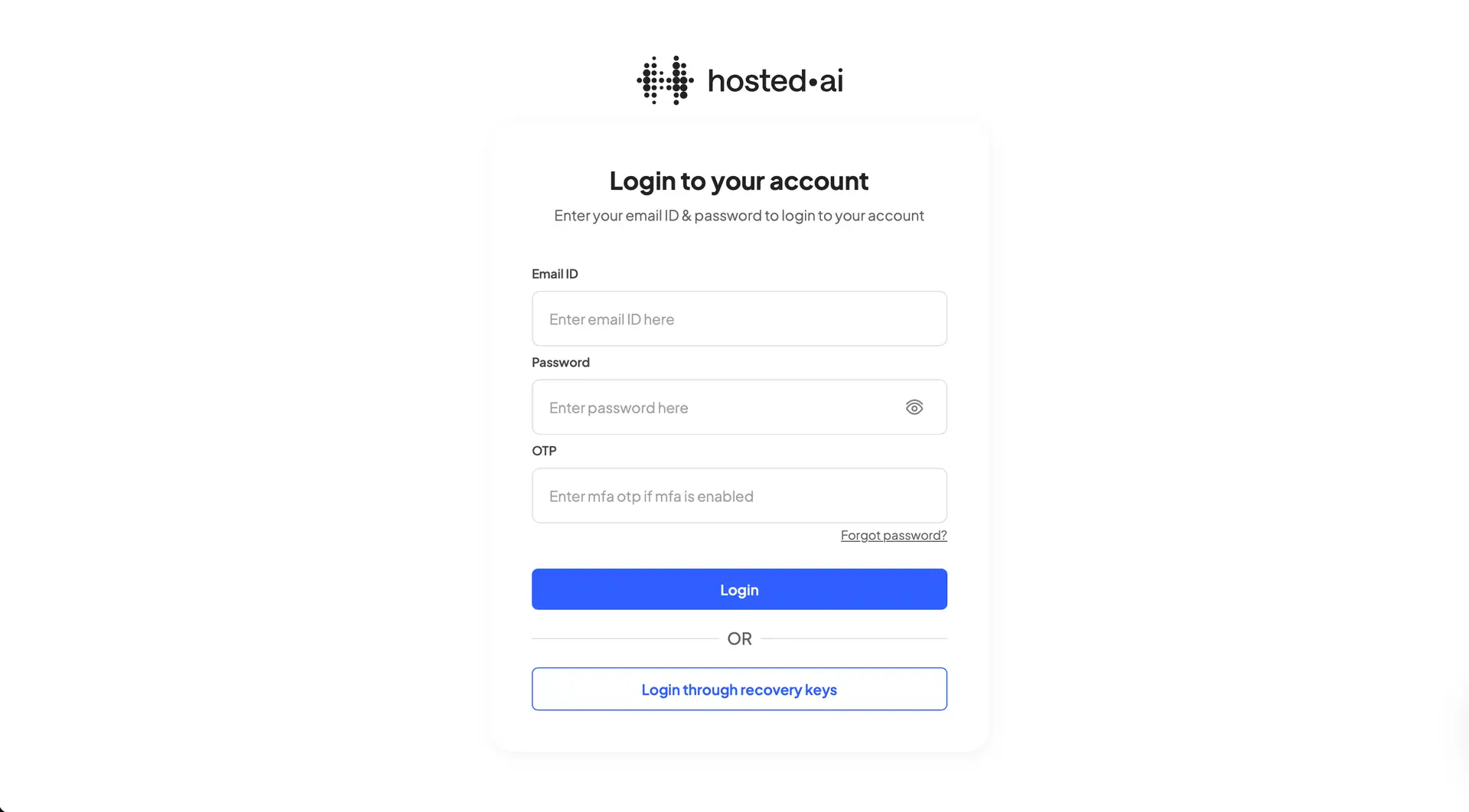 hosted.ai login page with email, password, and OTP fields