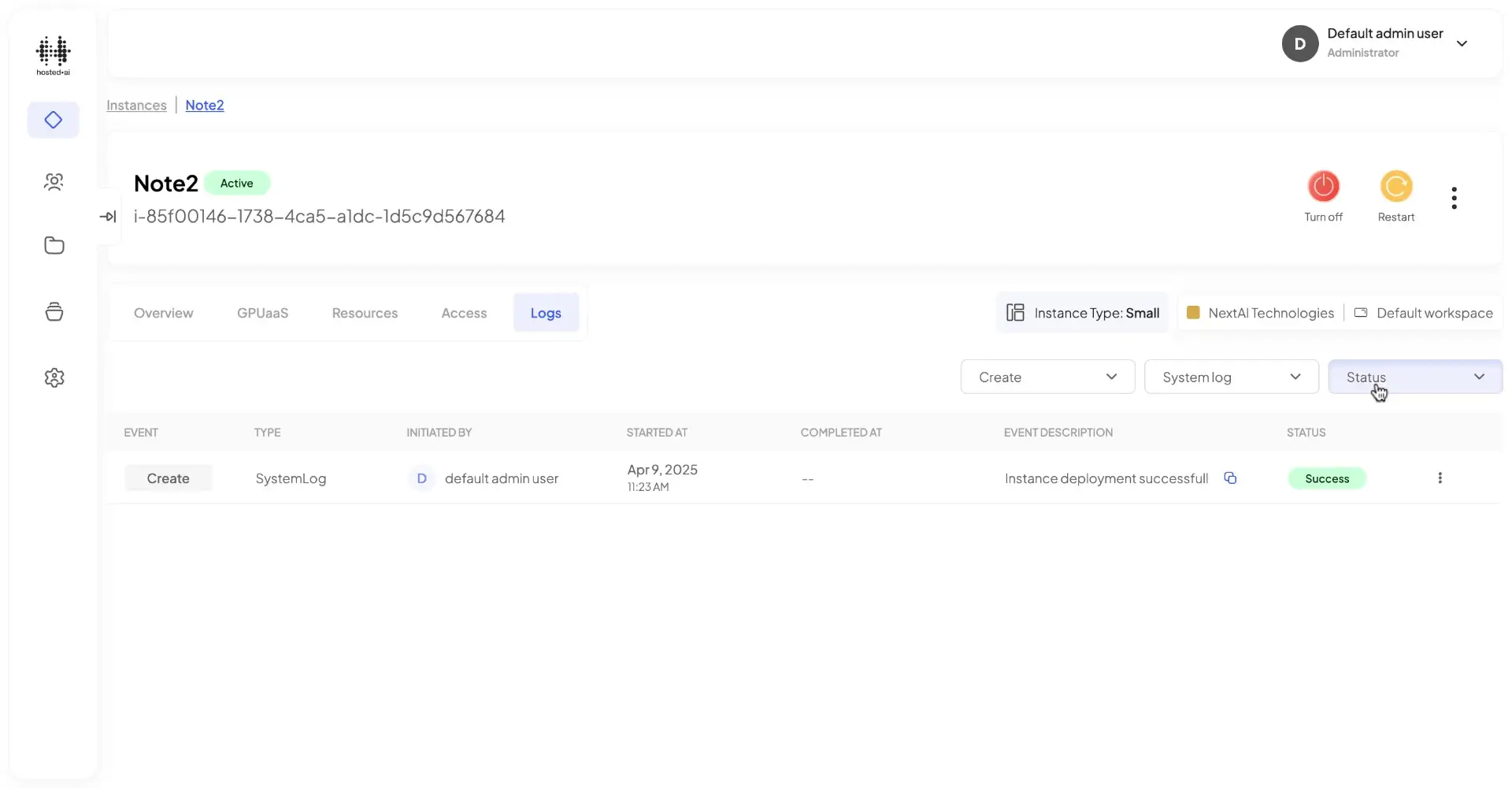 HostedAI Instance Details - Logs for Note2