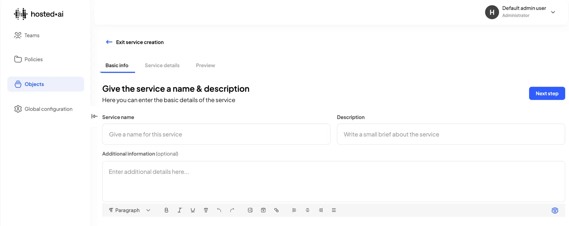 HostedAI Create Service page under Objects section, Basic info tab.