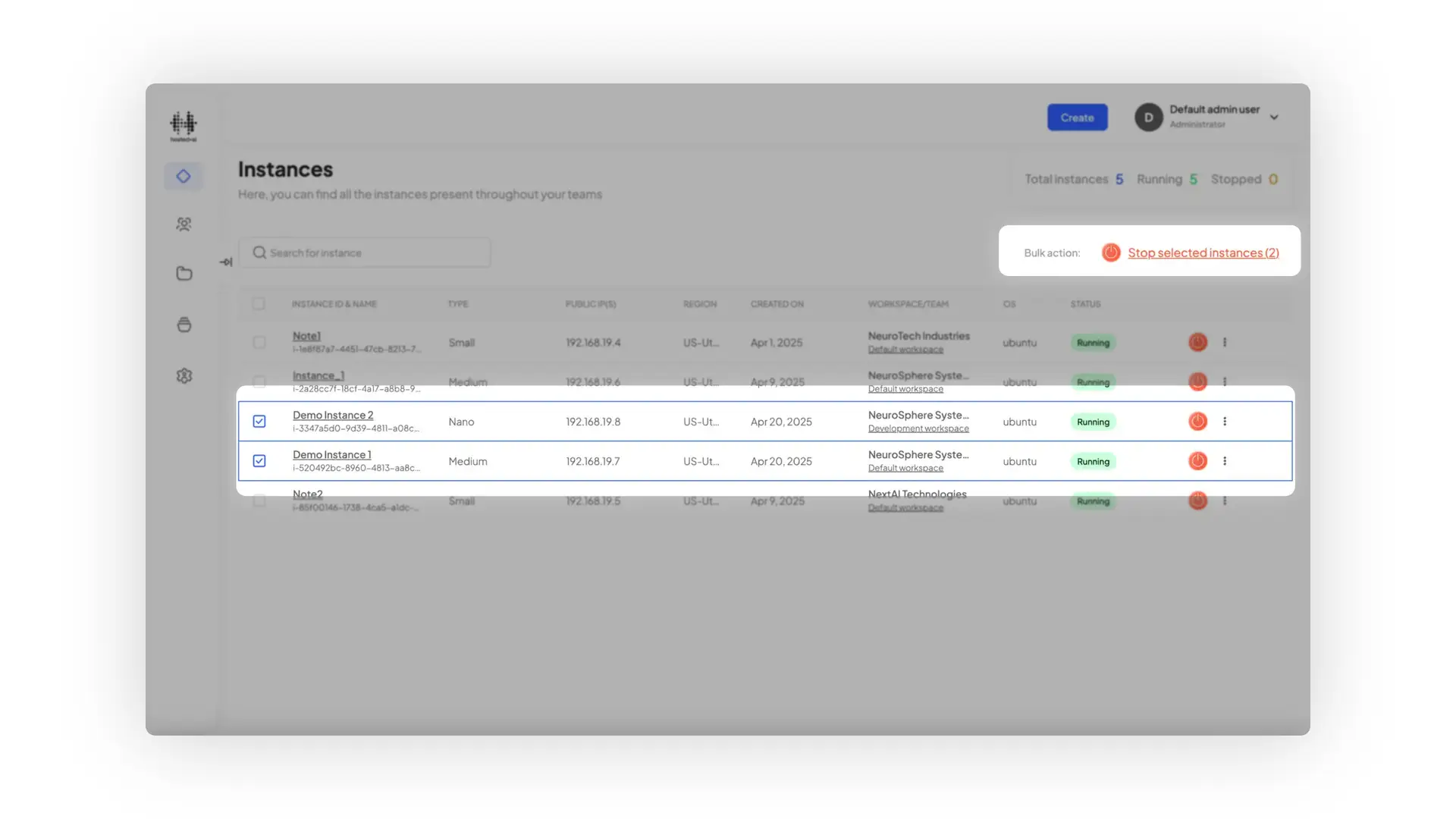 HostedAI Instances page showing a list of instances with options for bulk actions and instance management.