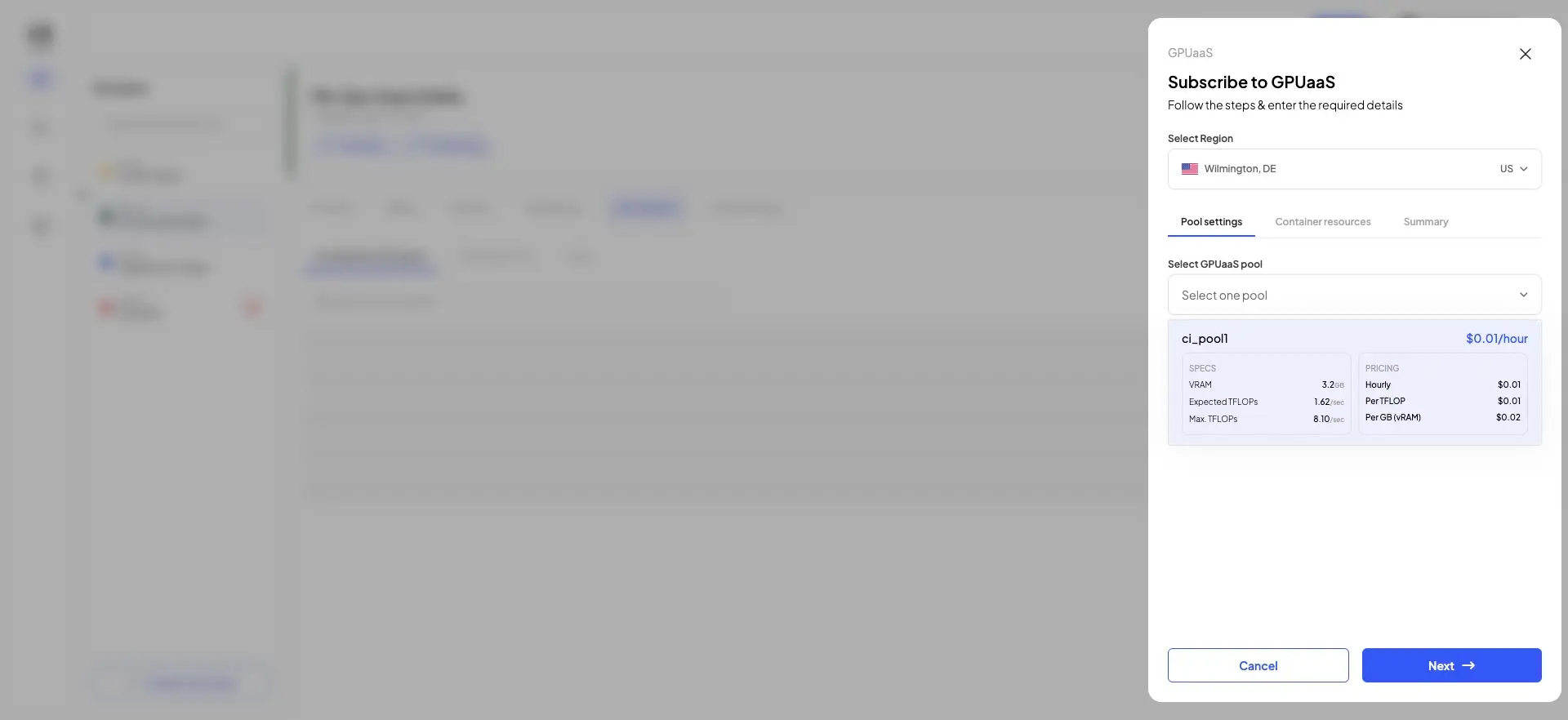 The user is subscribing to GPUaaS and is in the process of selecting a GPU pool. The screen displays the available pool options, including specifications and pricing.