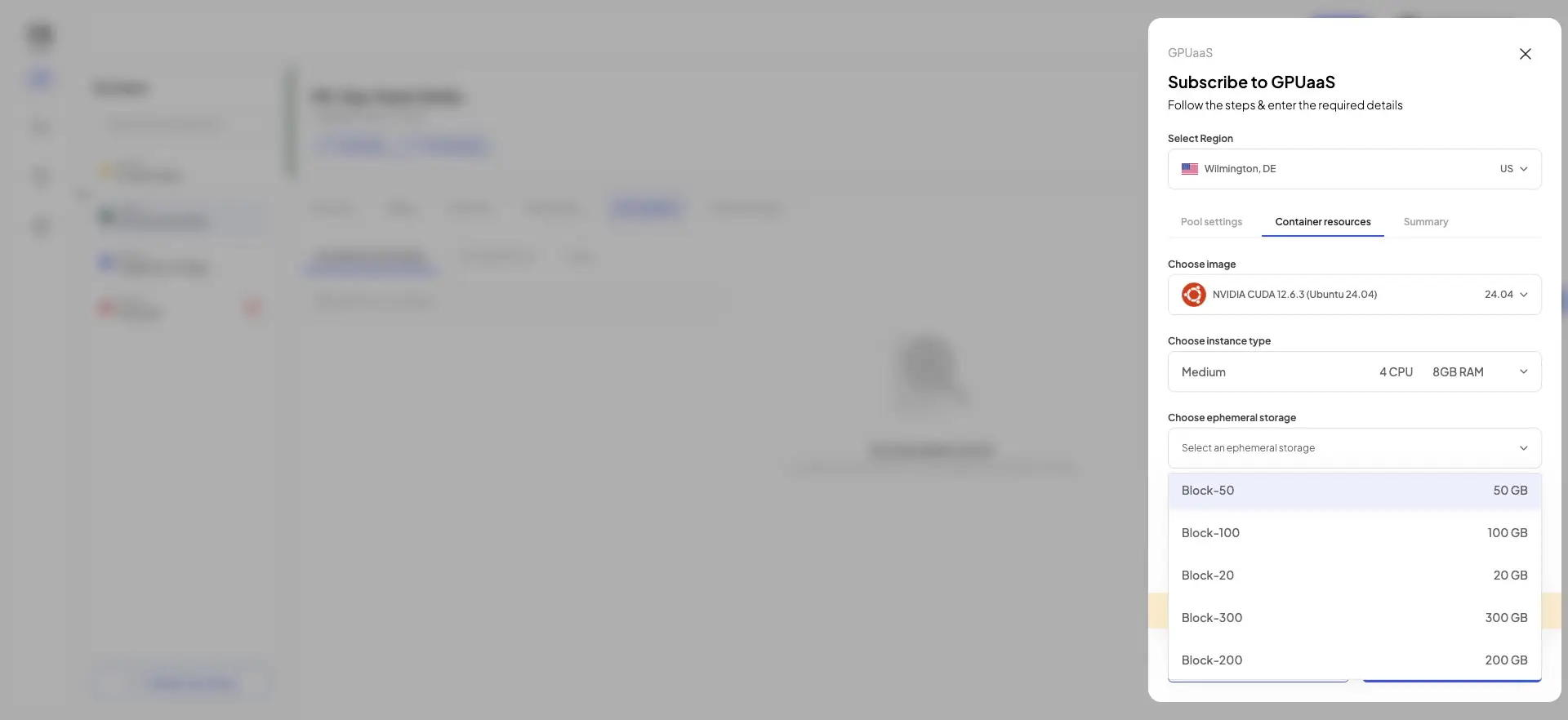 The user is subscribing to GPUaaS and is in the process of selecting the image, instance type, and ephemeral storage for the deployment.