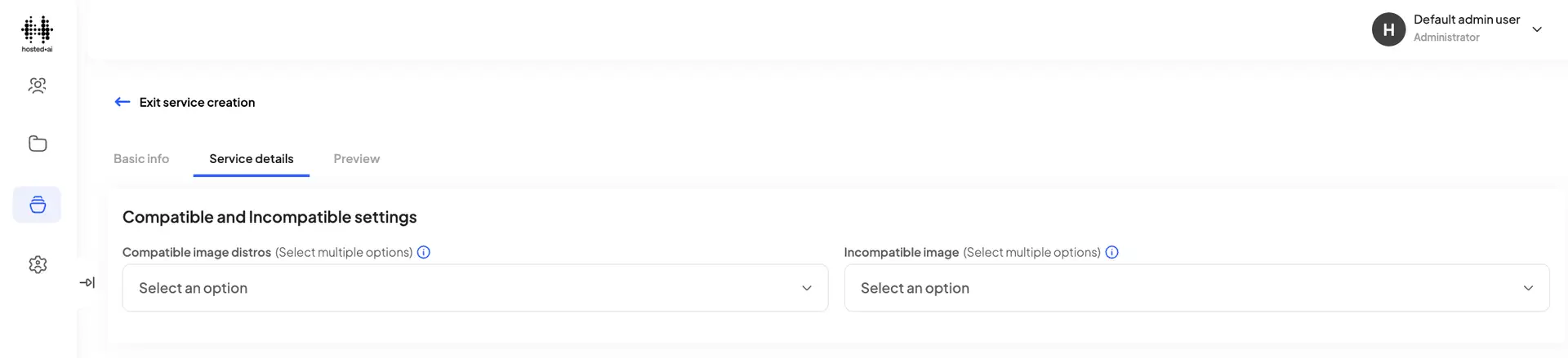 HostedAI service creation screen showing Service details tab with options for compatible and incompatible settings.