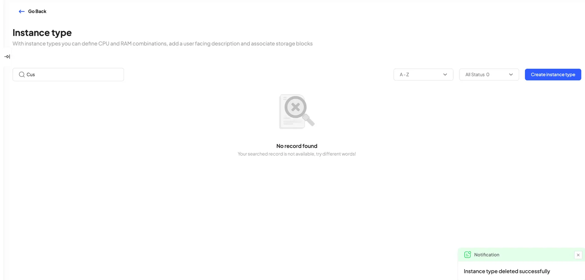 HostedAI Instance Type Management Page with No Records Found and Deletion Notification