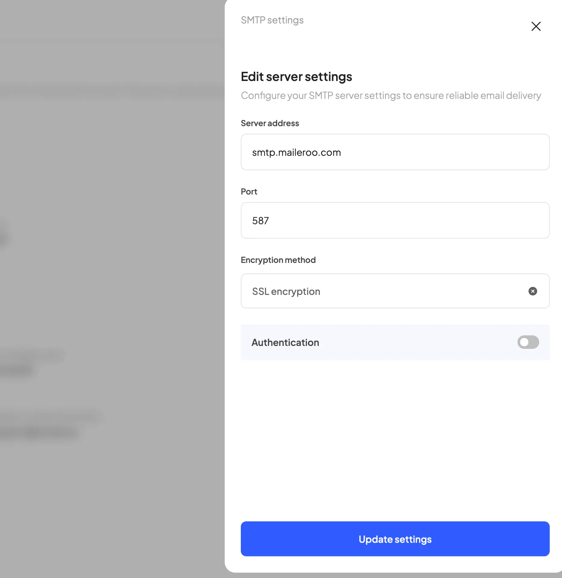 HostedAI SMTP settings panel showing server address, port, encryption method, and authentication options.