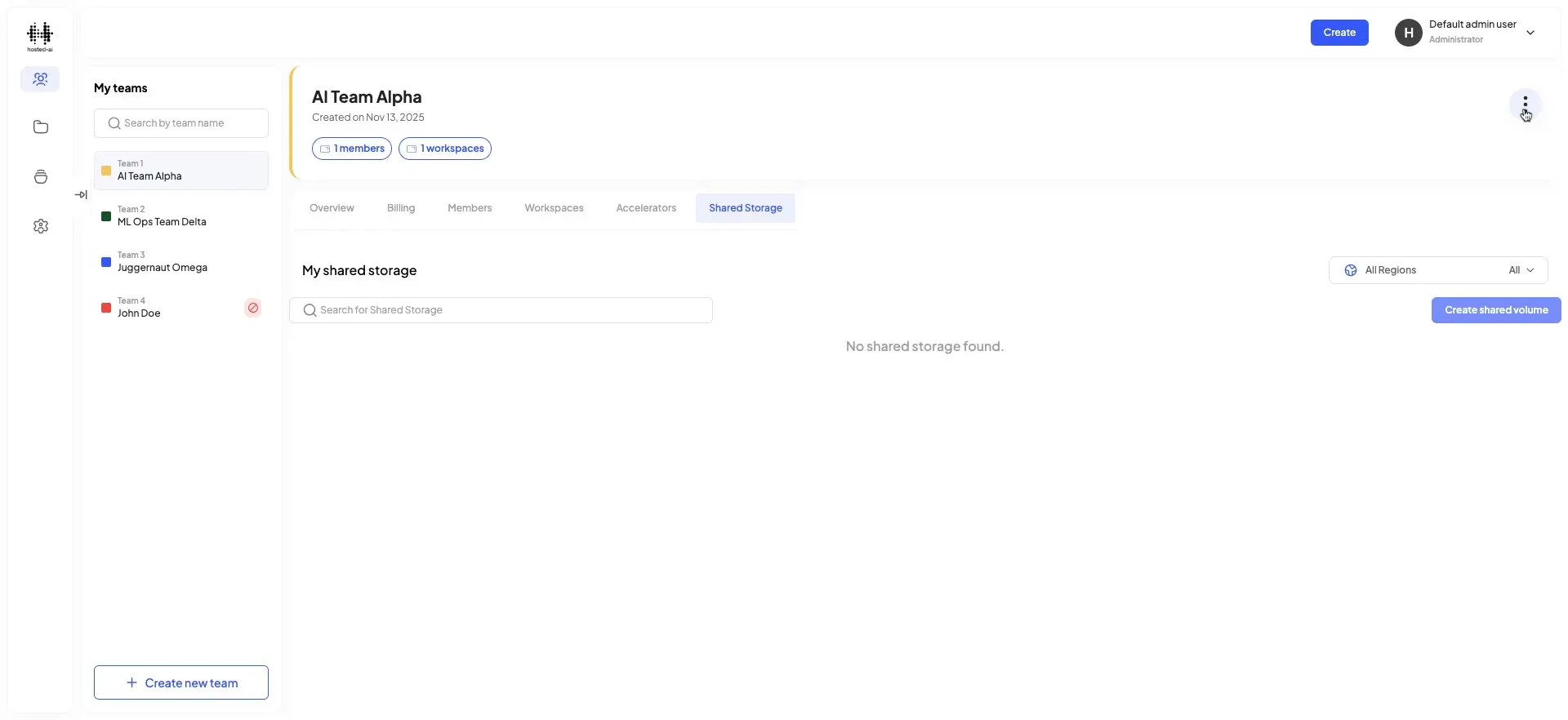 HostedAI AI Team Alpha Shared Storage screen showing no shared storage found with options to create a shared volume.