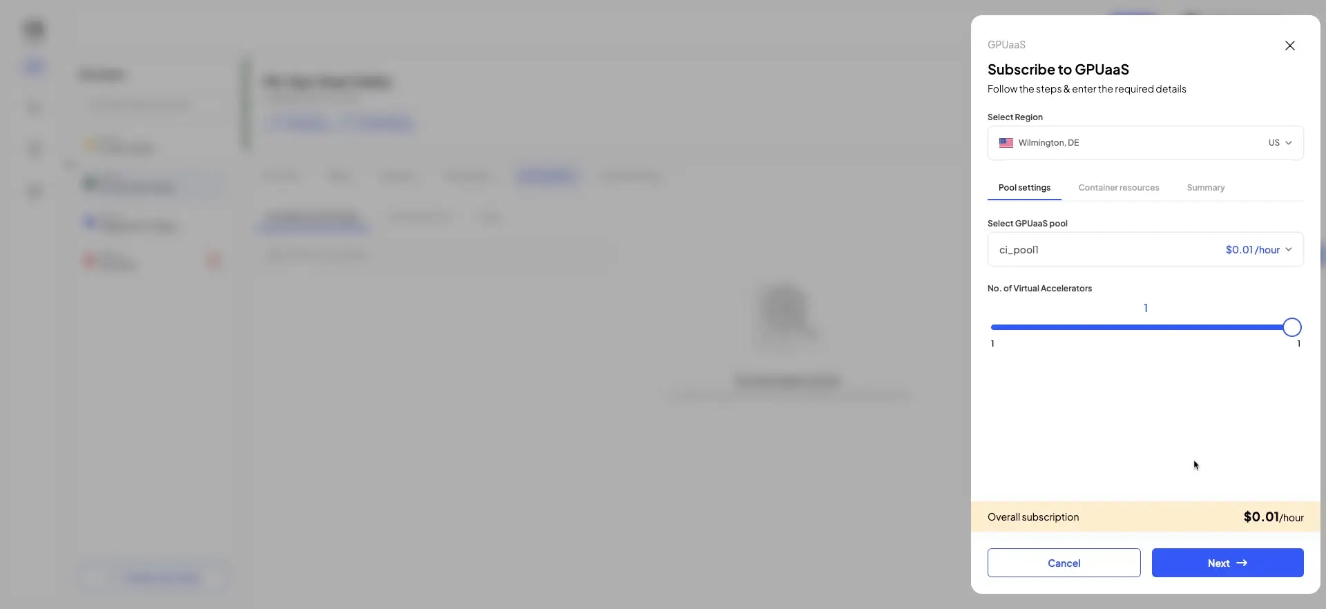 The user is subscribing to a GPUaaS pool, selecting the region, and configuring the number of virtual accelerators.