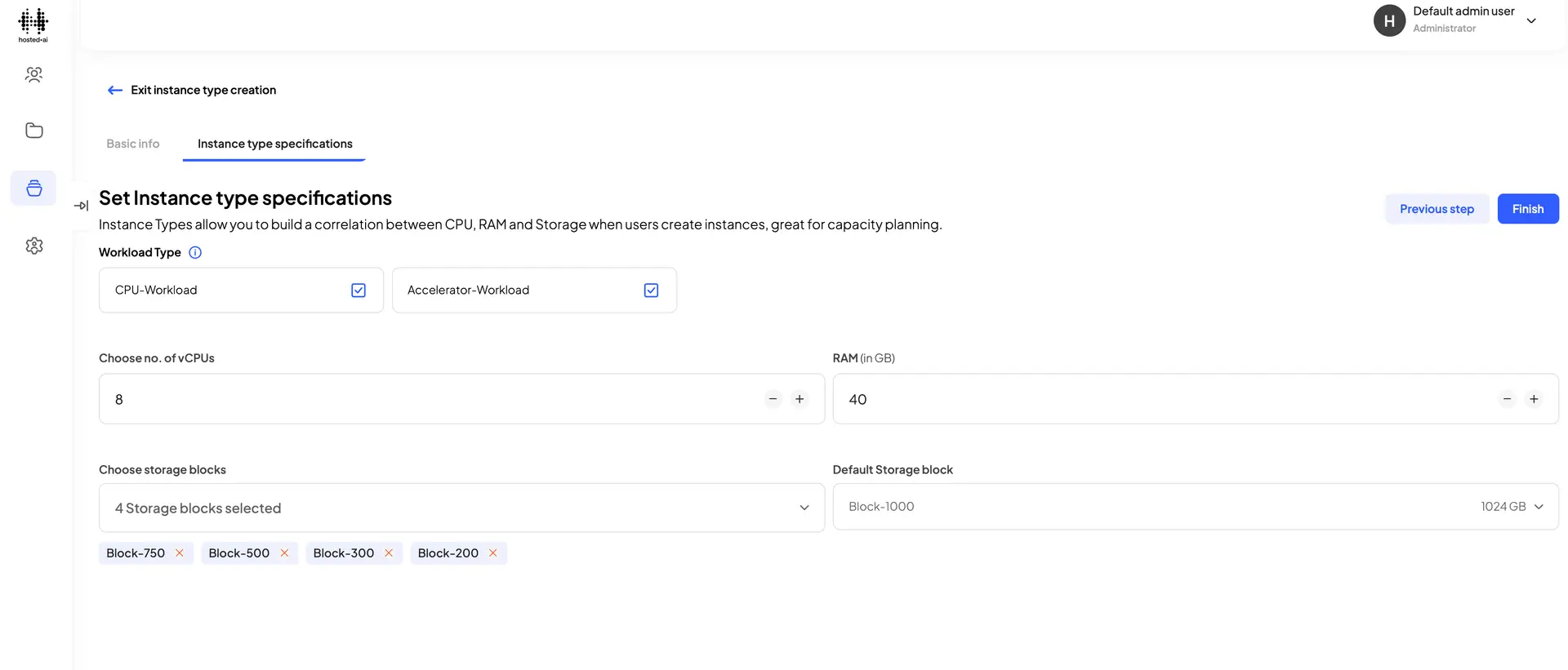 HostedAI Set Instance type specifications page for managing instance types.