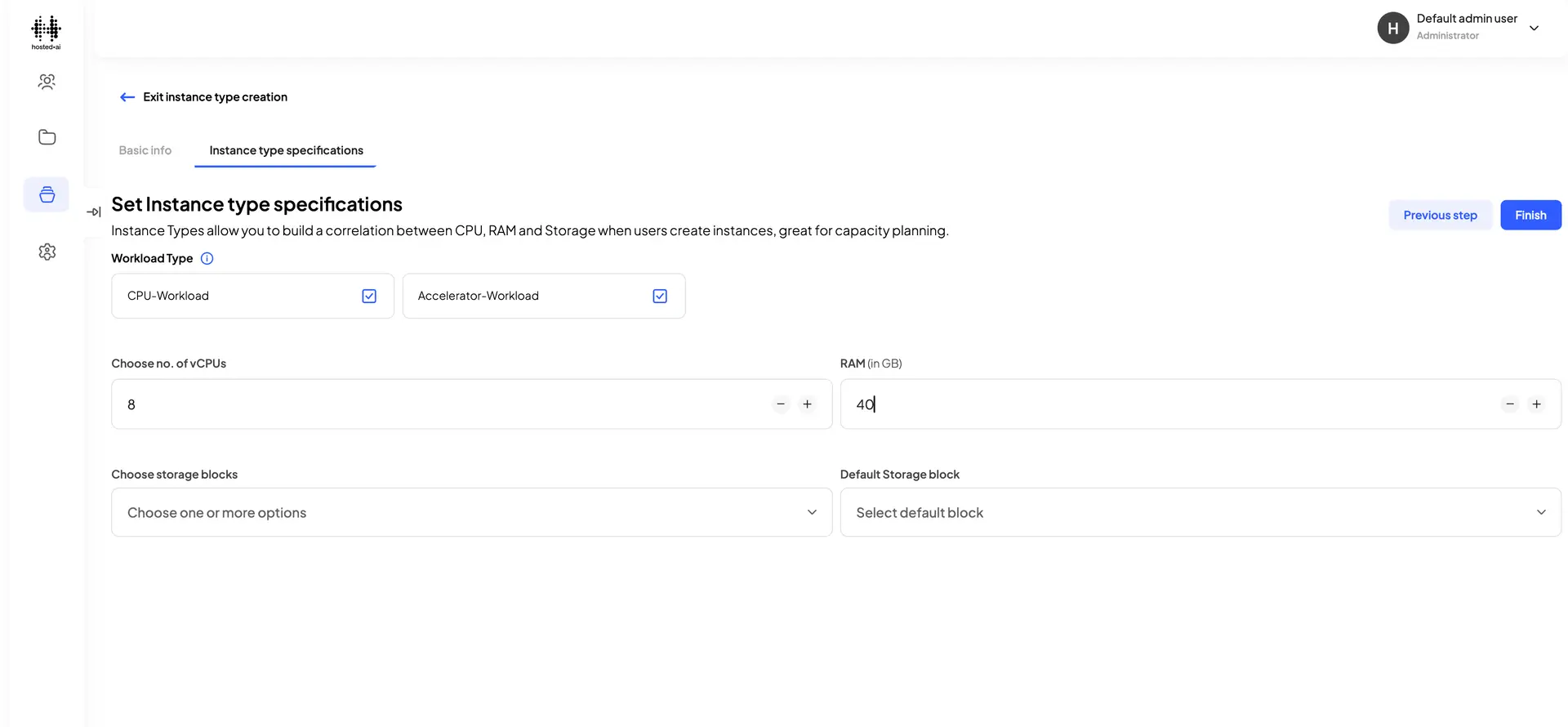 HostedAI Instance Type Specifications page for creating instance types.