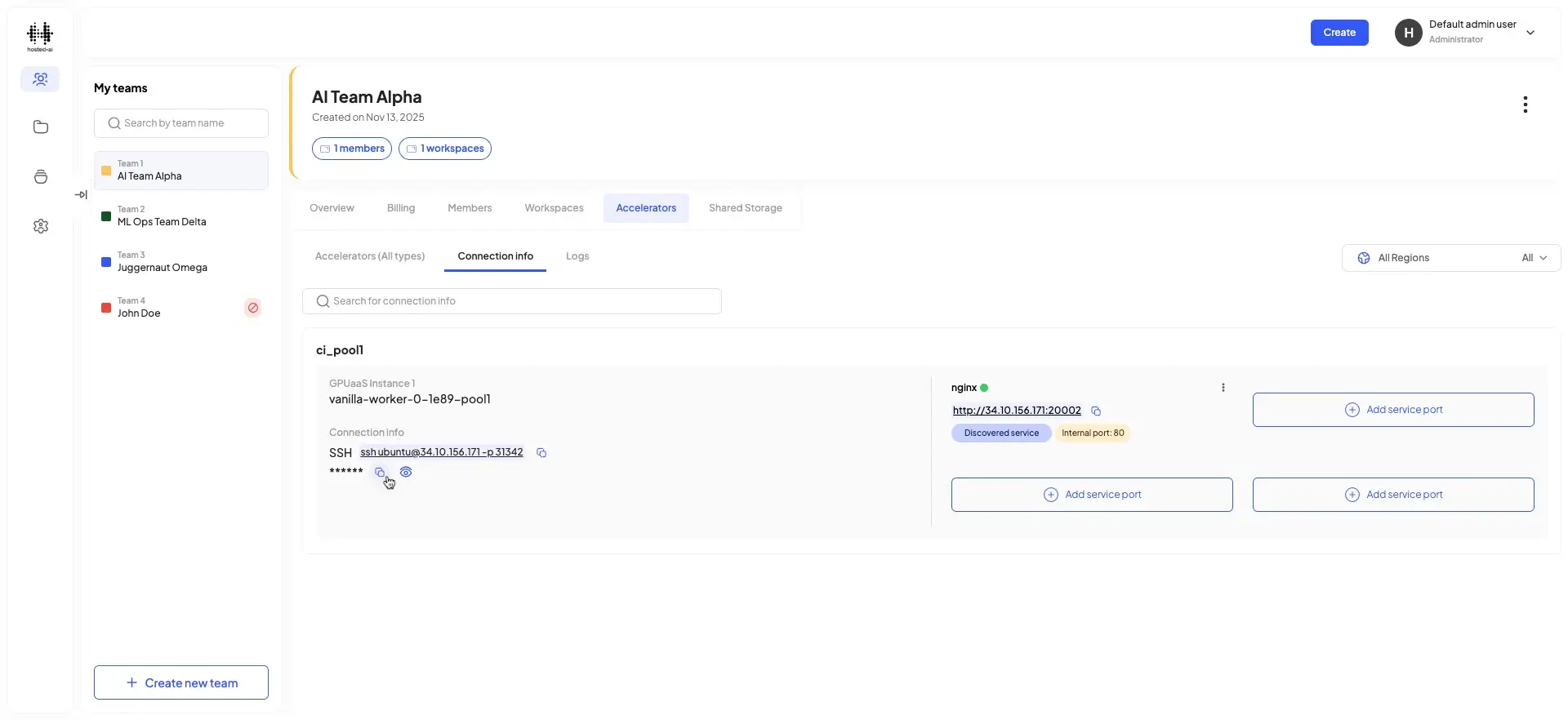 The screenshot displays the 'Connection info' for a GPU instance within the HostedAI platform, showing details like SSH access and discovered services.