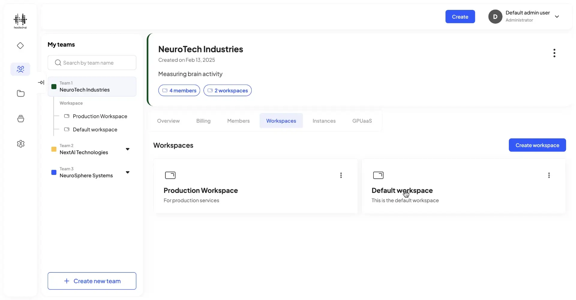 HostedAI User Panel Workspaces section for NeuroTech Industries showing team and workspace details.