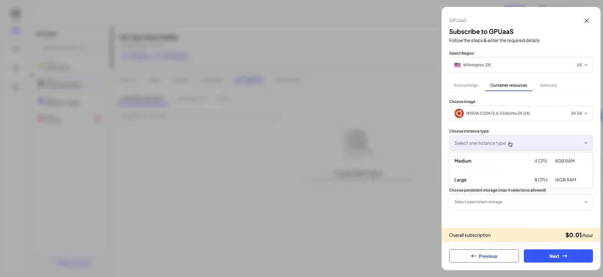 The user is subscribing to GPUaaS, selecting the region, image, and instance type, with the option to choose persistent storage. The overall subscription cost is displayed.