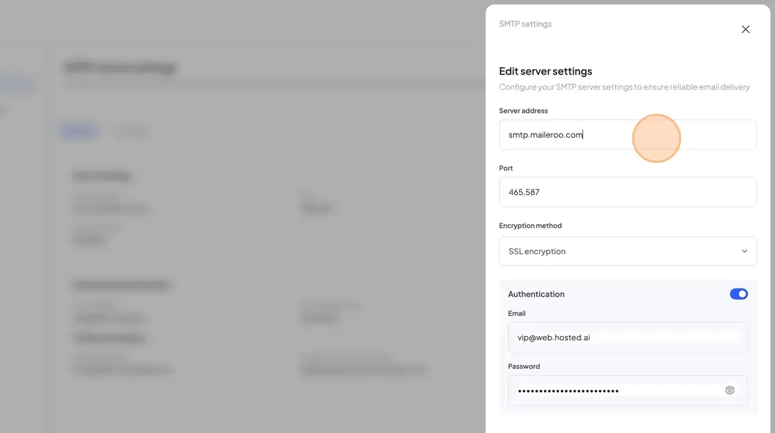 SMTP settings configuration panel in HostedAI platform