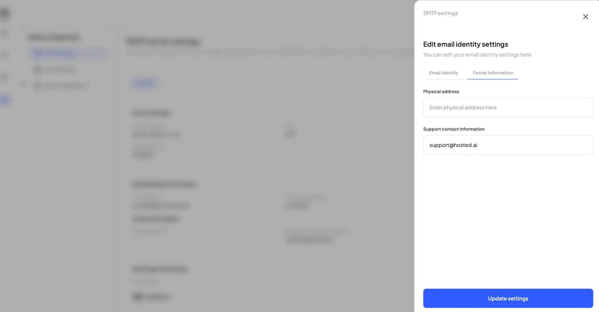HostedAI SMTP settings panel showing email identity and footer information configuration options.