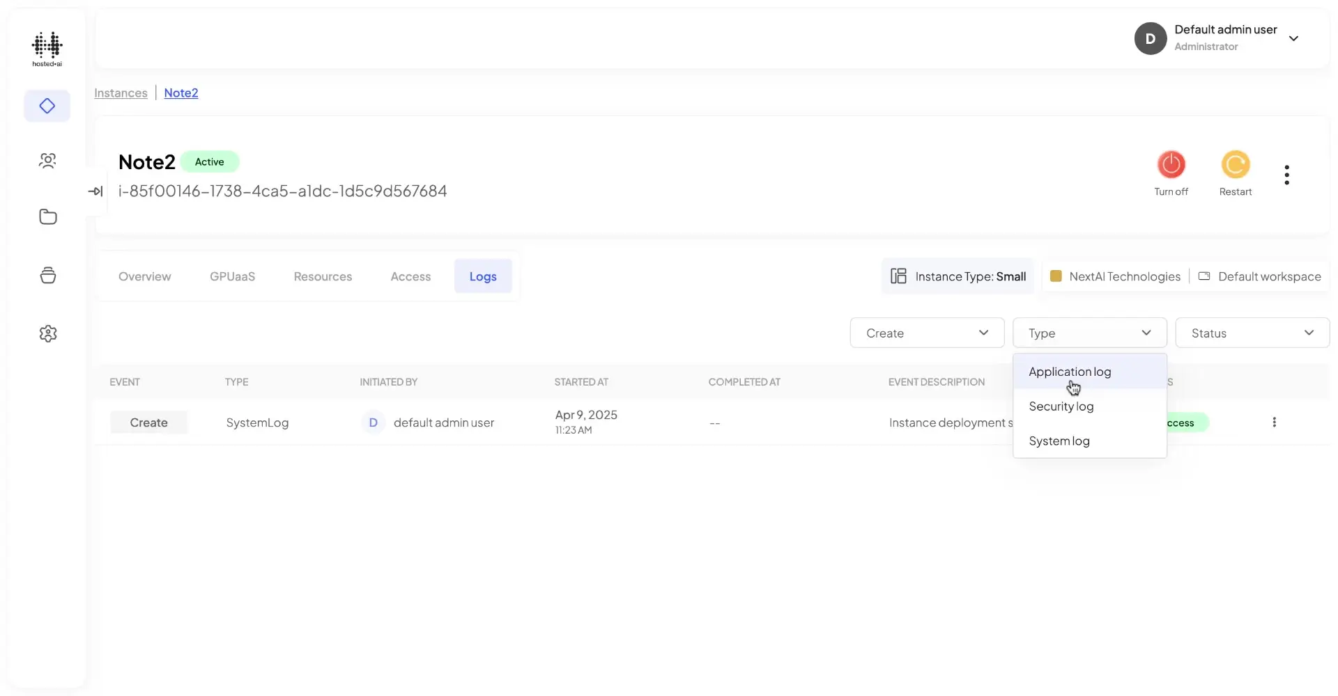 HostedAI Instance Details Logs screen showing active instance Note2 with log entry details and filter options.