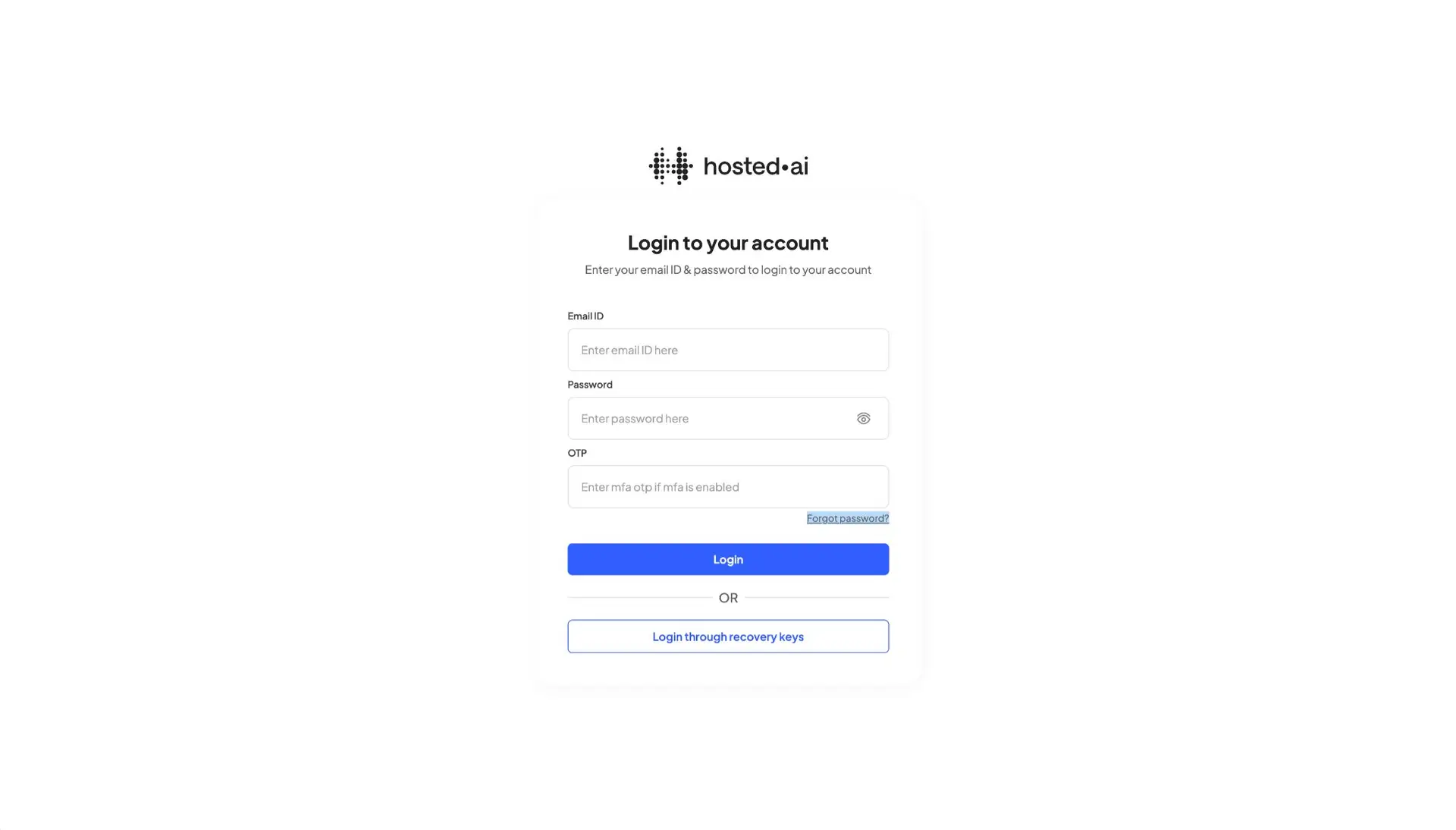 hosted.ai login page with email, password, and OTP fields