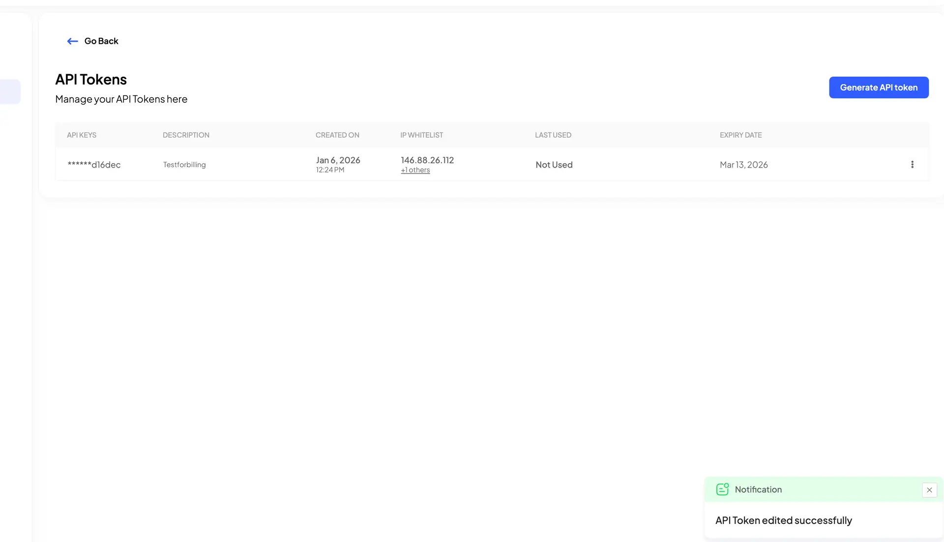 HostedAI API Tokens Management Page