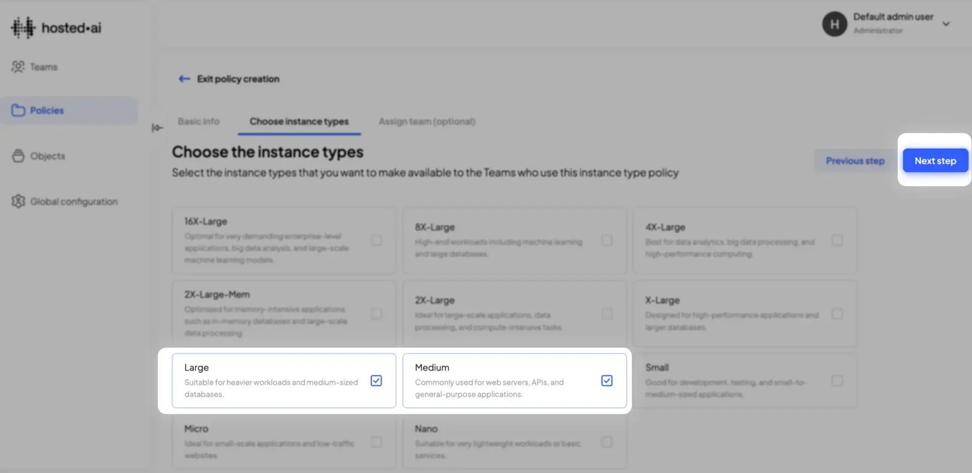 HostedAI Policies - Choose instance types screen for managing instance type policies