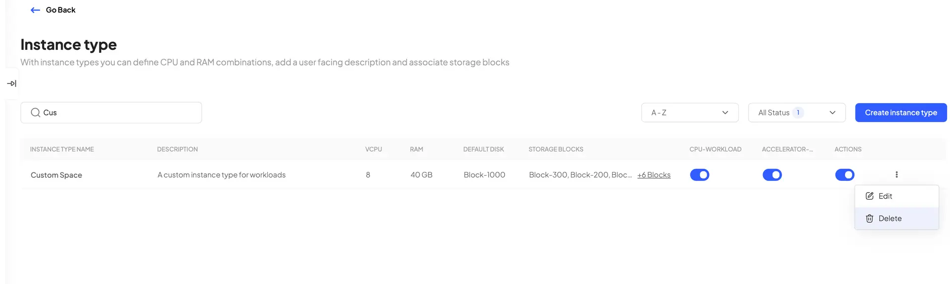 Instance type management screen in HostedAI platform showing options to edit or delete instance types.