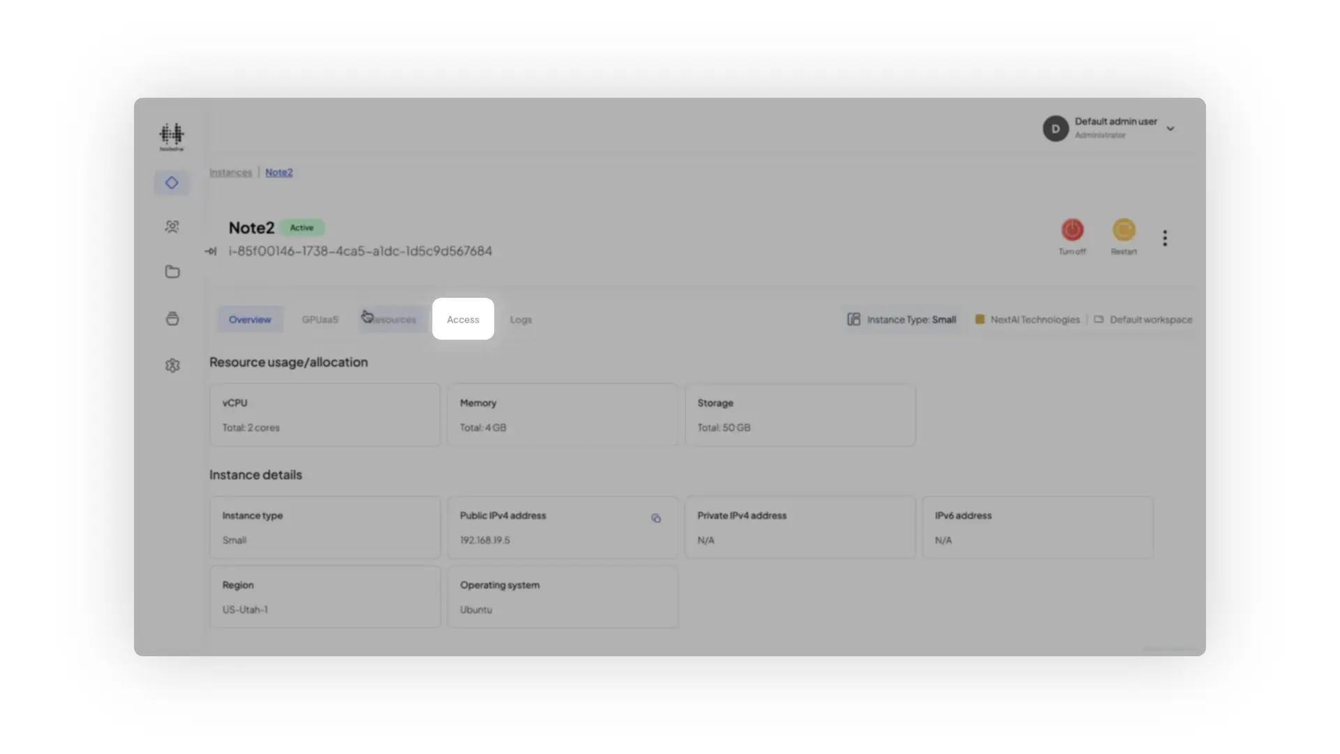 HostedAI Instance Details - Access page showing instance Note2 with resources and instance details.