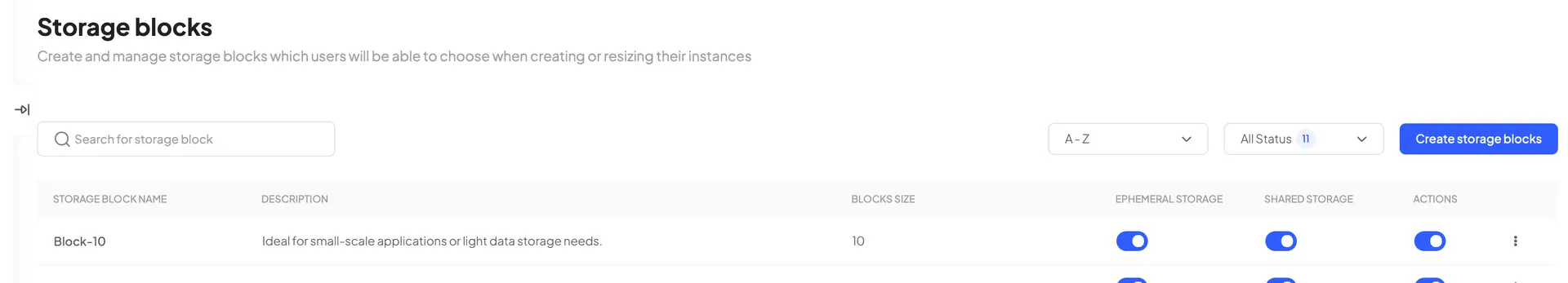 HostedAI Storage Blocks Management Interface