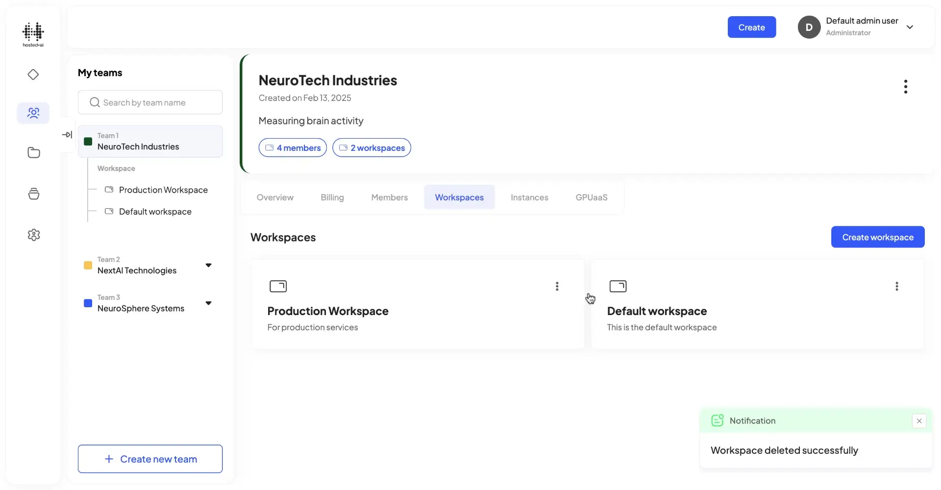 HostedAI User Panel showing workspace management for NeuroTech Industries with a notification of successful workspace deletion.