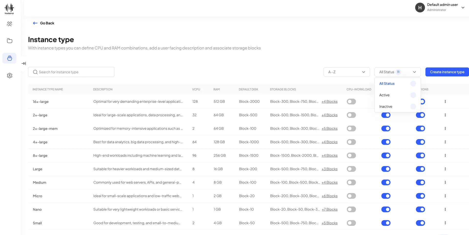 Instance type management screen in hosted·ai platform showing various instance types and their configurations.