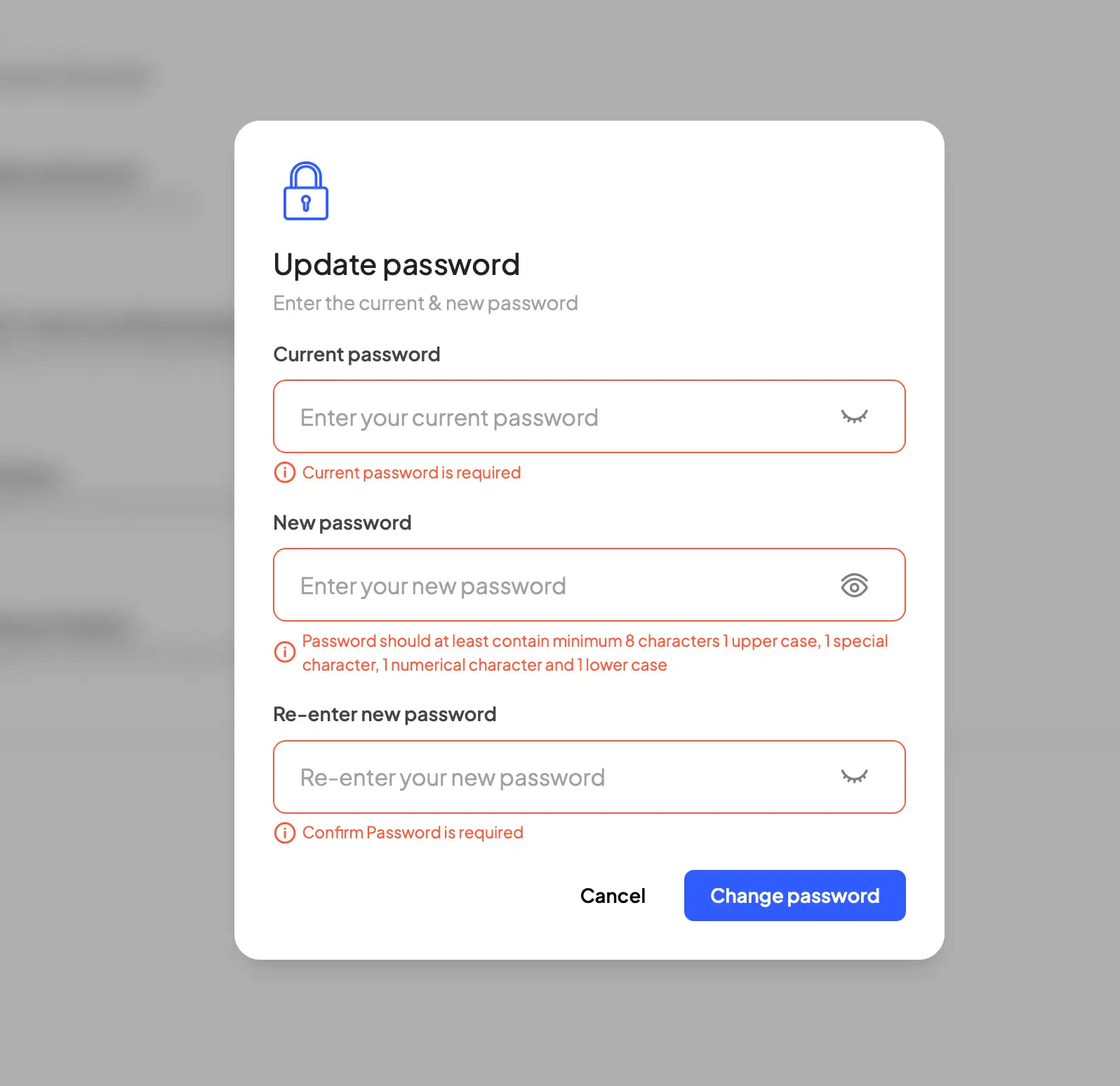 HostedAI User Panel - Update Password Screen