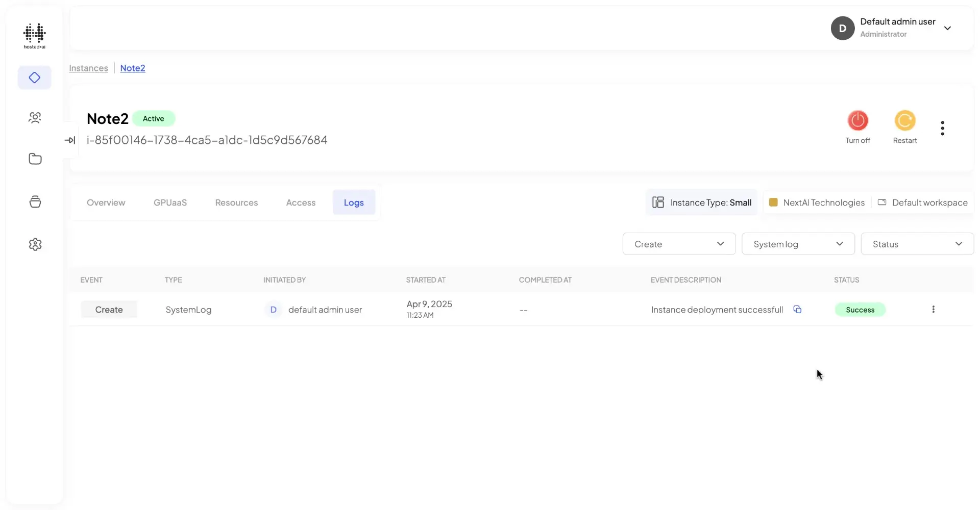 HostedAI Instance Details - Logs for Note2