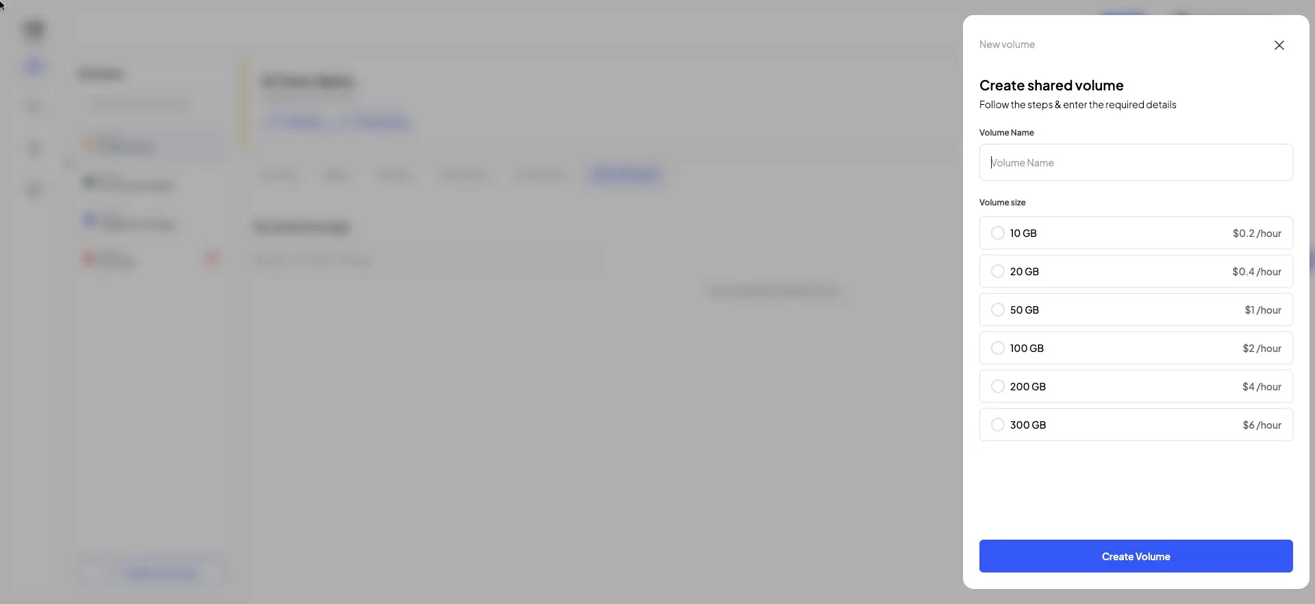 HostedAI Create Shared Storage Volume screen with options for volume name and size selection